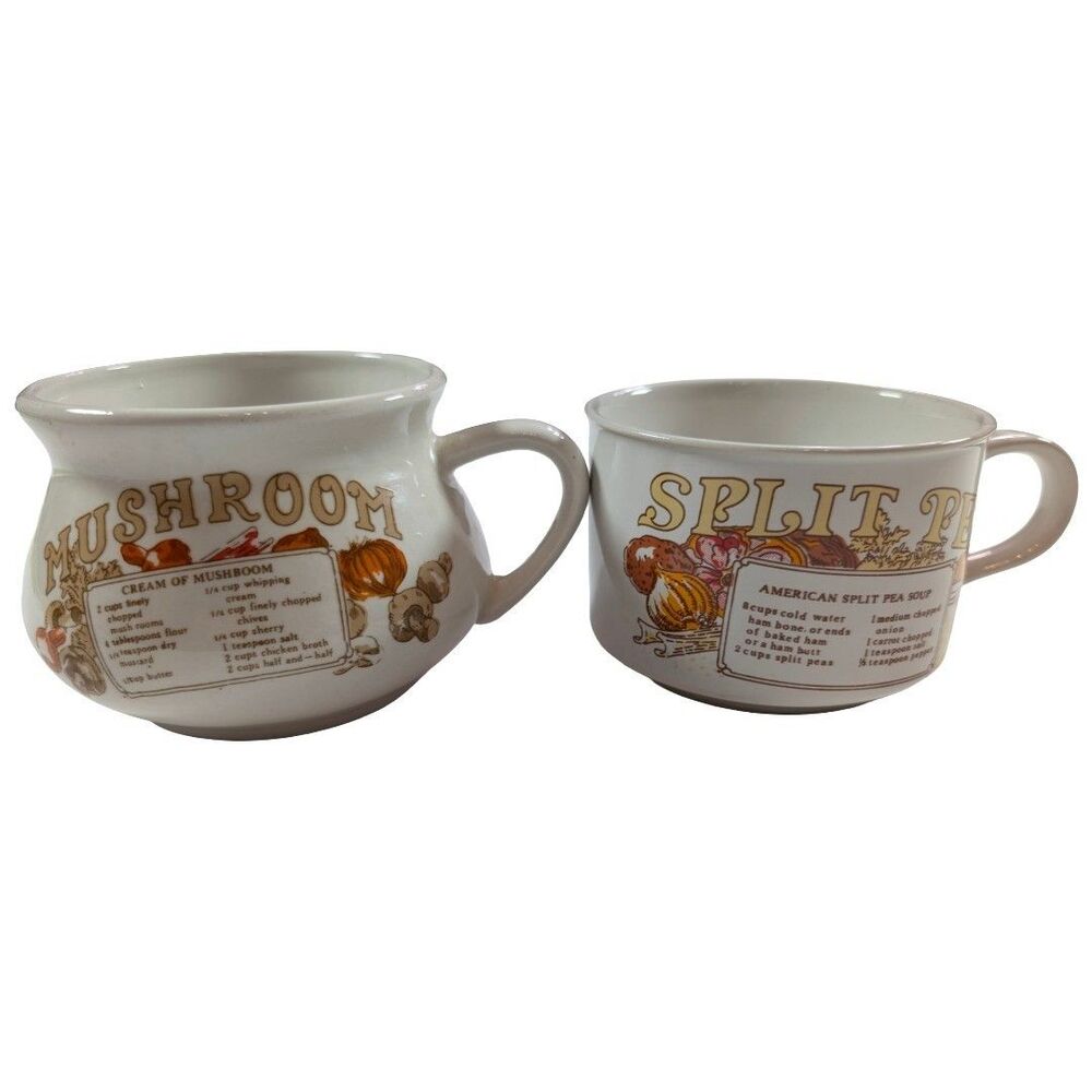 Vintage 1970s Soup Recipe Mugs Cream of Mushroom & Split Pea Soup Set of 2